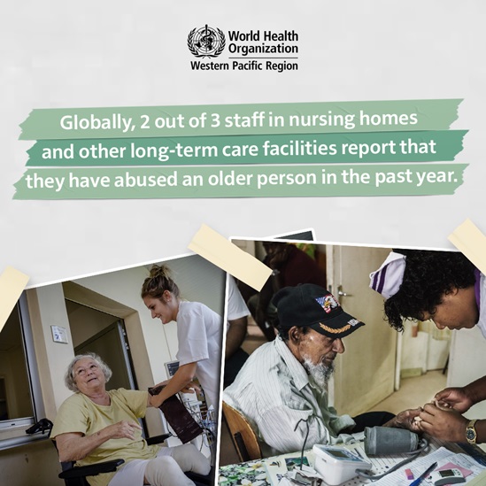 Graphic with two older people being cared for by female nurses
